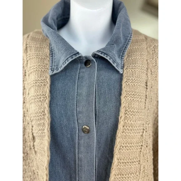 BIBI NWT SZ LGE Denim Trucker Cardigan Sweater Combo Tan Knit Oversized Layering - Picture 8 of 16